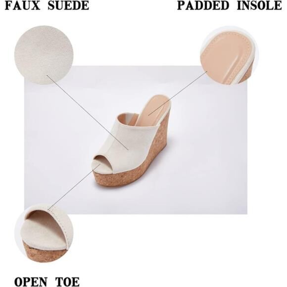 LAICIGO Womens Wedge Platform Slide on Sandals Open Toe Cork Faux Suede Dress - Picture 4 of 7